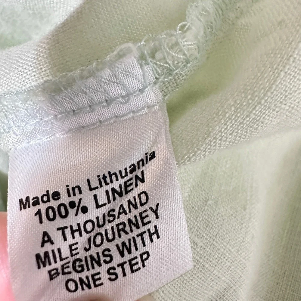 FLAX 100% Linen Wide Leg Pants Womens Small Mint Green Elastic Waist *Flaw